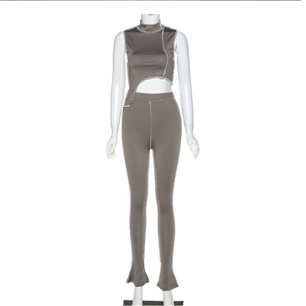 **NEVER WORN** Women Tracksuit 2PC grey elastic Set Asymmetry Outfit set